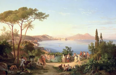 Bucht von Neapel mit tanzenden Italienern, um 1850